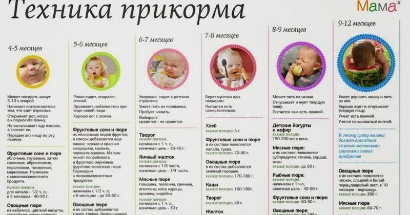 Прикорм с 4, 5 месяцев – какие продукты вводить в первый прикорм, начиная с 4-5 месяцев: таблица
