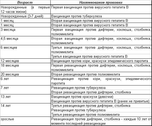 Какие прививки делают детям до года: таблица в россии 2020 по месяцам